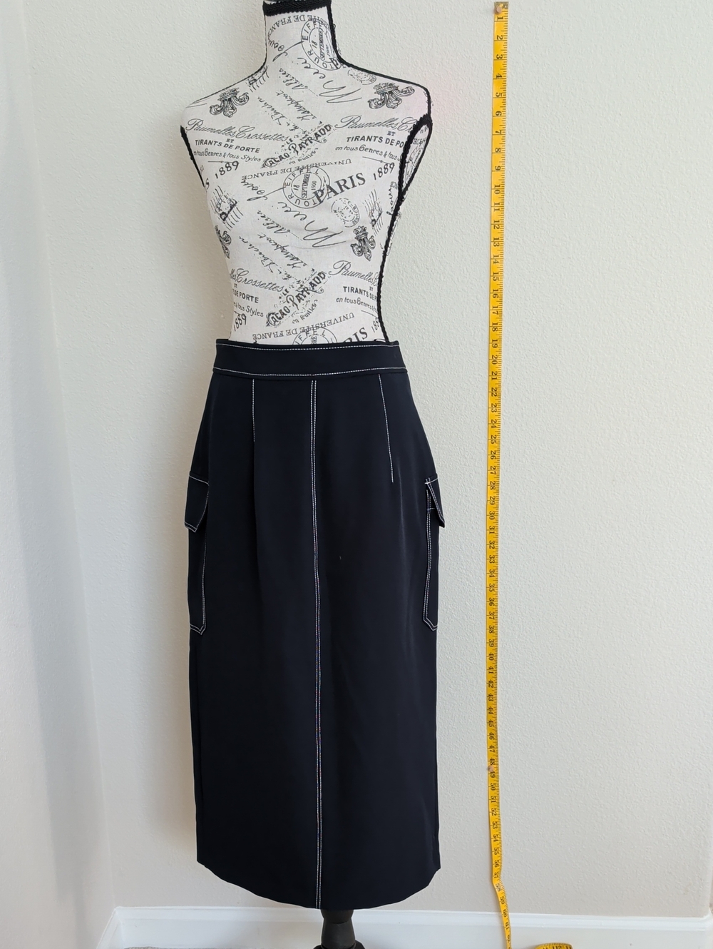Topshop Black Midi Skirt with White Contrast Stitching